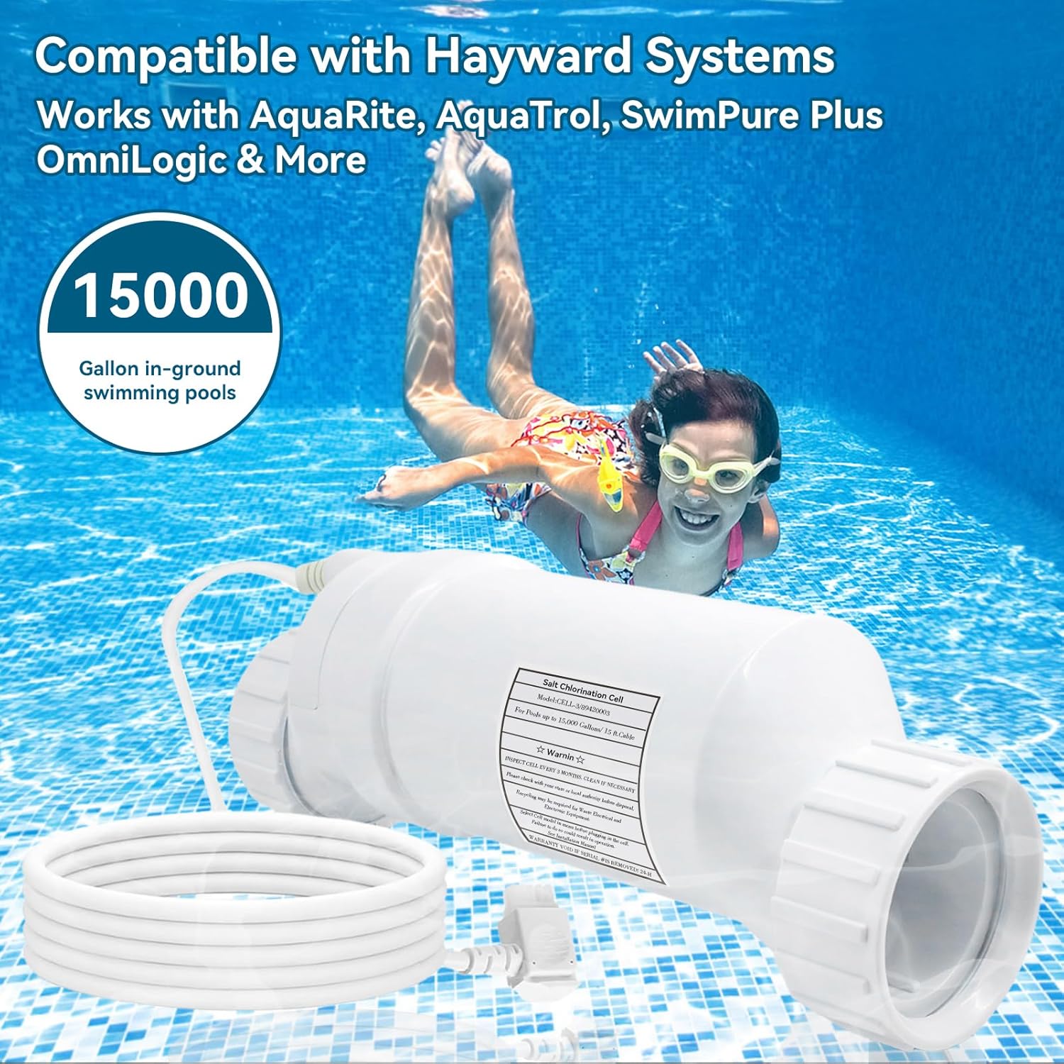 T-Cell-3 Salt Cell Replacement for Hayward Salt T Cell 3 for Pool,Compatible with AquaRite,AquaTrol & More – Up to 15,000 Gallon Pools,Cuts Chlorine Costs by 50%, Long-Lasting and Easy to Install